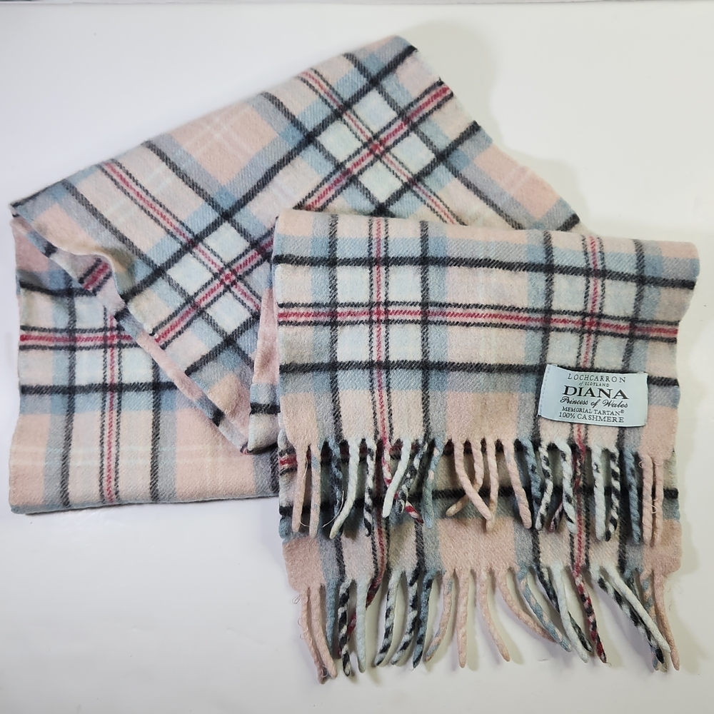 Cashmere Scarf. Diana Scarf Tartan in Pink and Gray 100% Cashmere